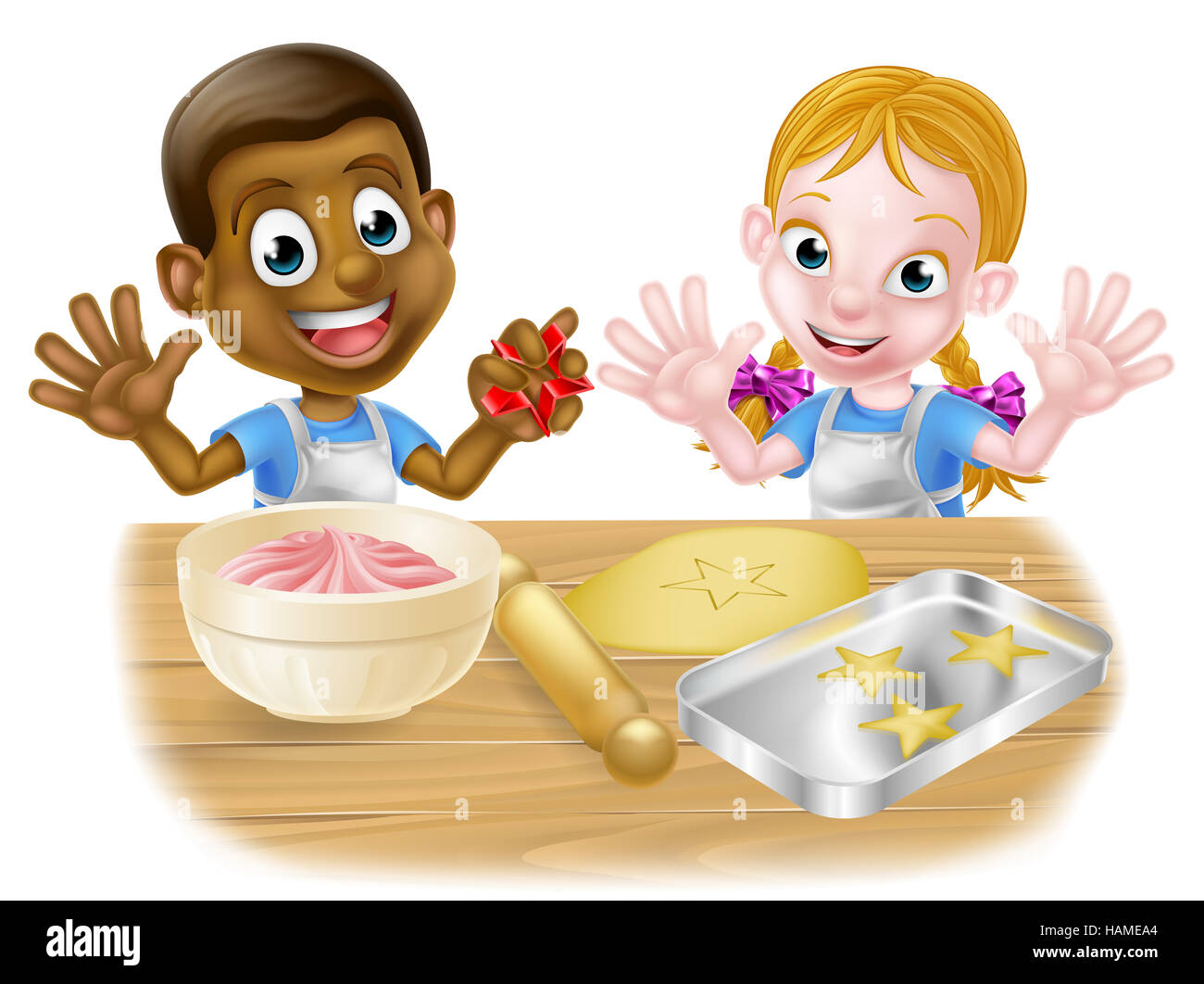 Cartoon garçon et fille enfants chef boulangers, un noir et un blanc, la cuisson des gâteaux et des biscuits Banque D'Images