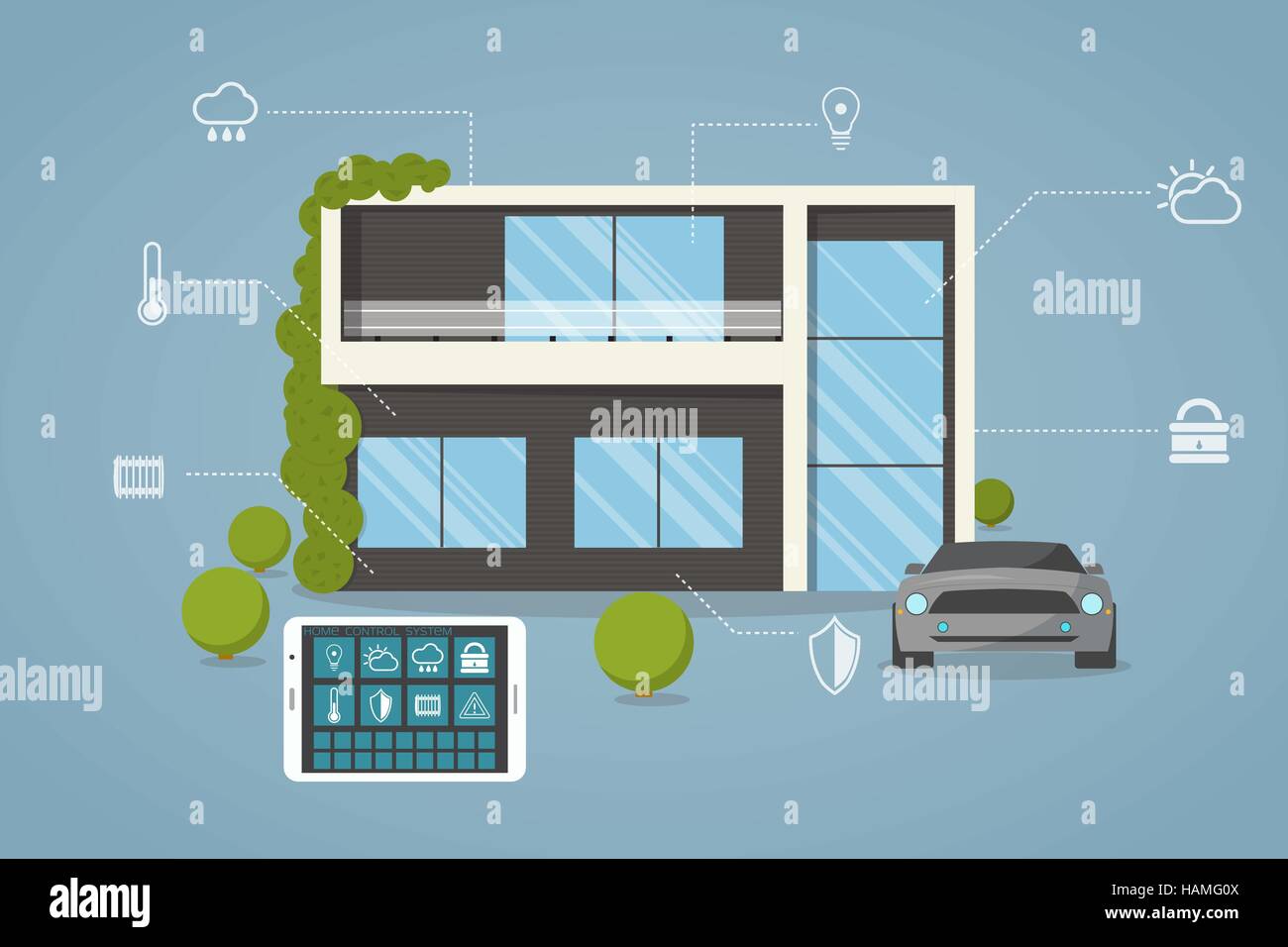 Eco maison contemporaine, smart design avec télécommande à partir de la tablette. Illustration de Vecteur