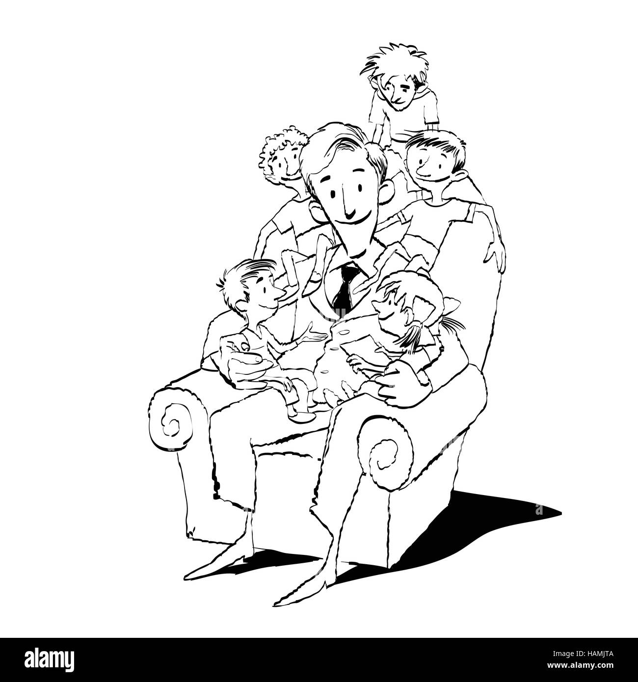 Grande famille, papa dans une chaise avec des enfants Illustration de Vecteur