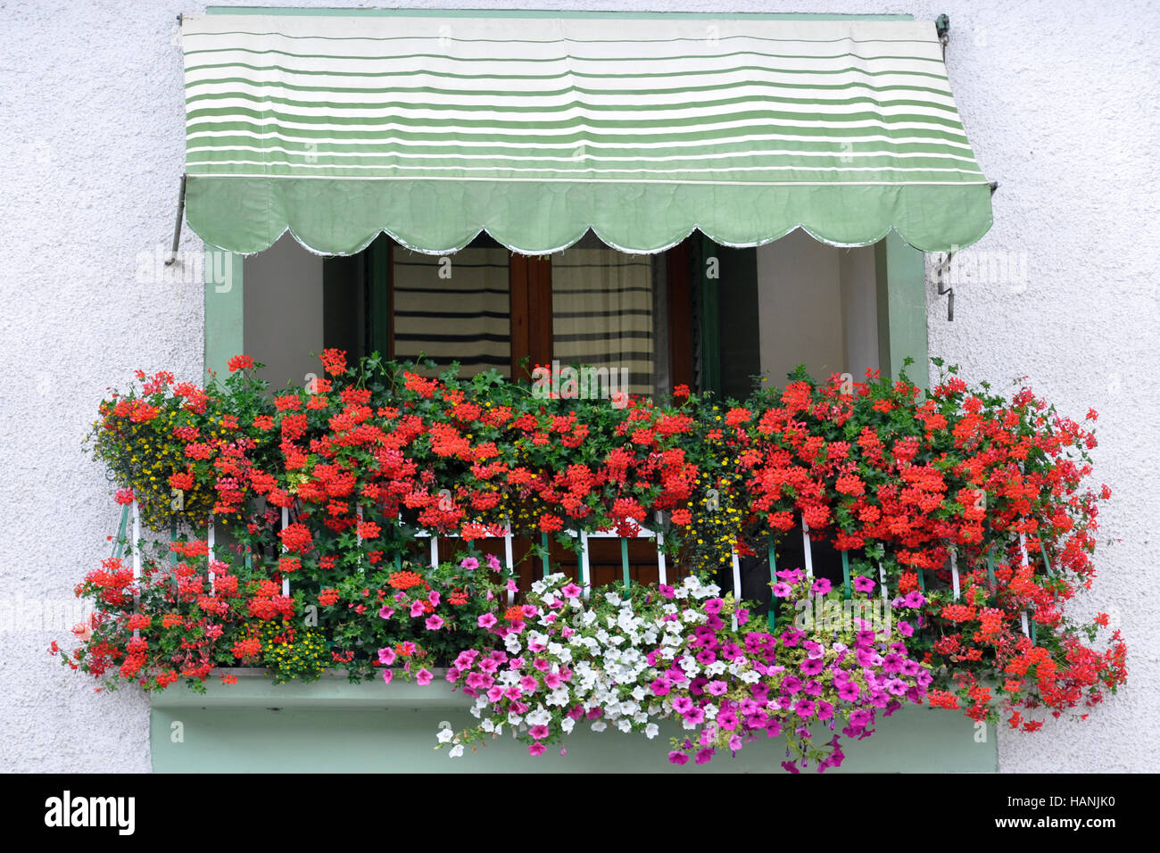 Balcon avec des fleurs dans une petite ville italienne Banque D'Images