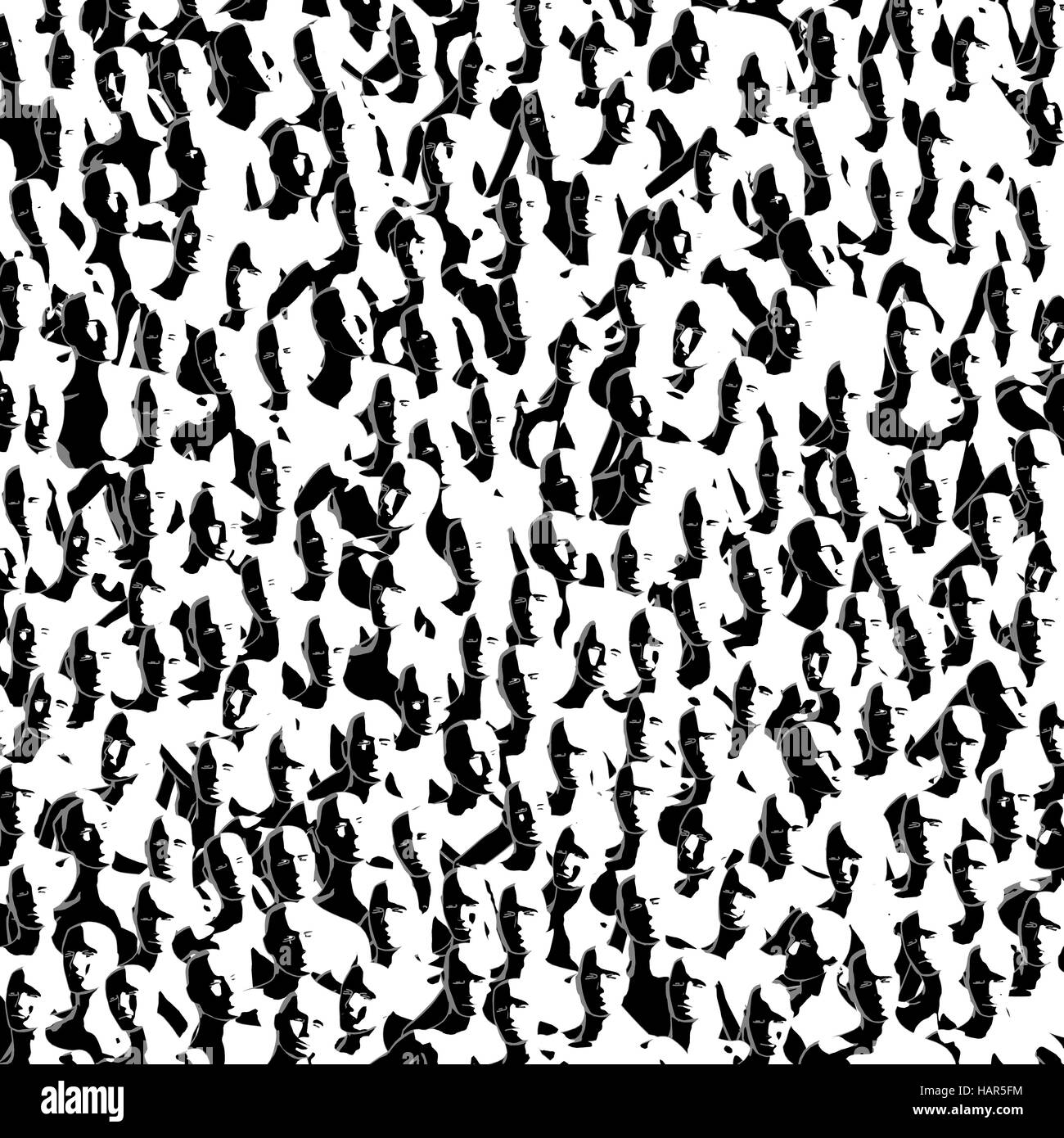 Modèle foule concept / 3D illustration de simplification des tas de gens dans le noir et blanc Banque D'Images