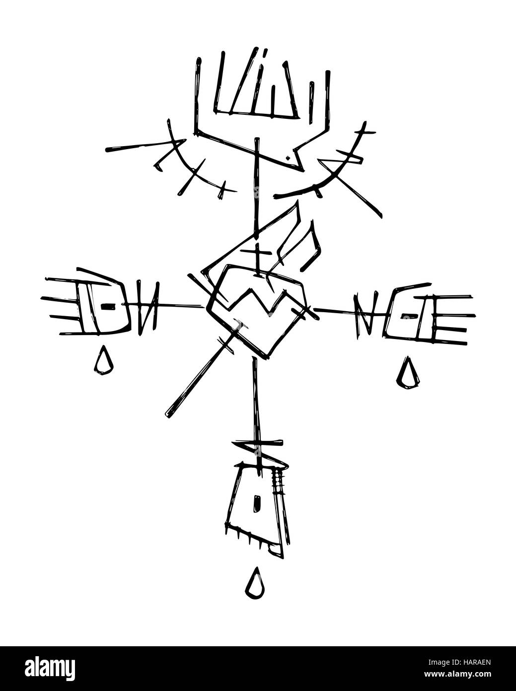 Hand drawn vector illustration ou dessin de Jésus Christ Croix avec différents symboles religieux Banque D'Images