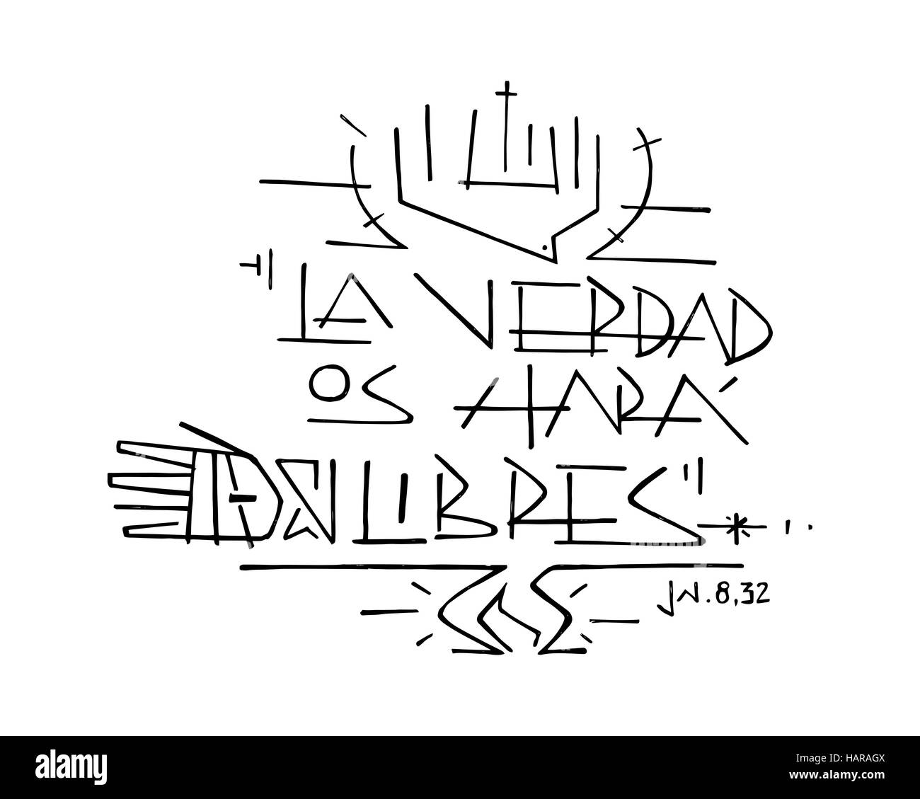 Hand drawn vector illustration ou dessin de Jésus Christ phrase en espagnol : La Verdad os hara libres, ce qui signifie : La vérité vous rendra libre Banque D'Images