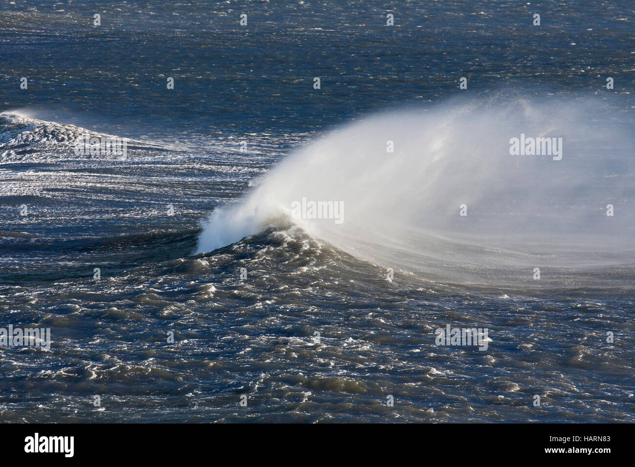 Crête des vagues à la mer Arctique montrant les embruns et spindrift en raison de vents violents Banque D'Images