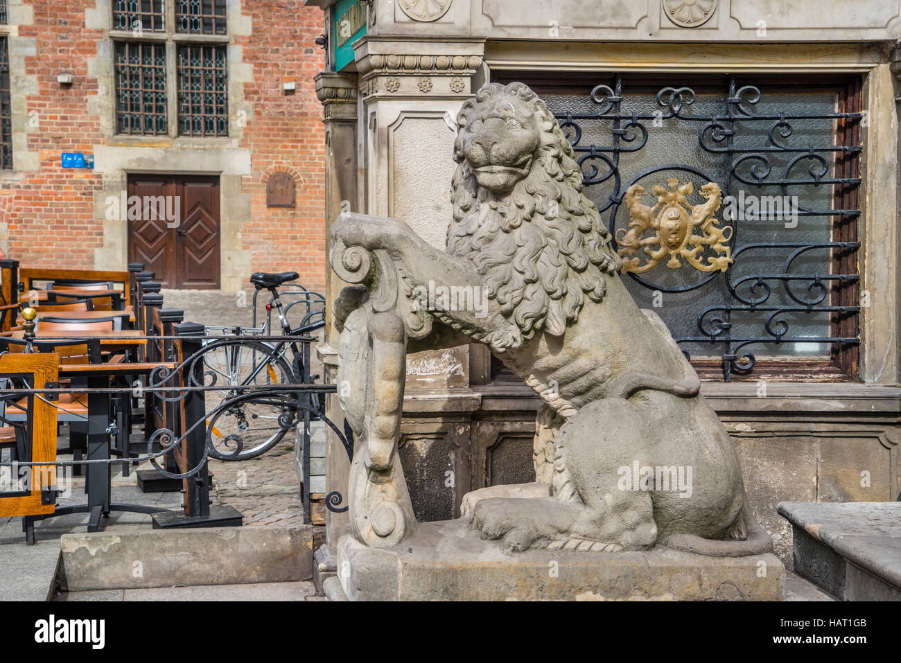 La Pologne, la Poméranie, Gdansk (Dantzig), lion sculpture à l'Hôtel de ville principale Banque D'Images