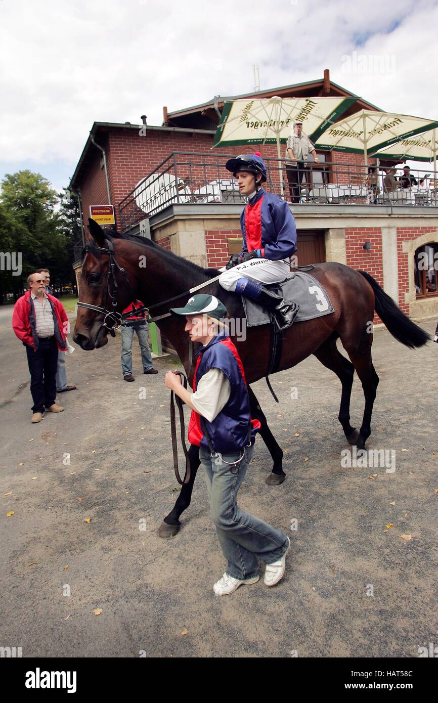 Jockey Darren Moffatt sur le cheval au joue sur le sixième jour de course sur le 9.8.2008 à Dresden-Seidnitz race track, Saxe Banque D'Images