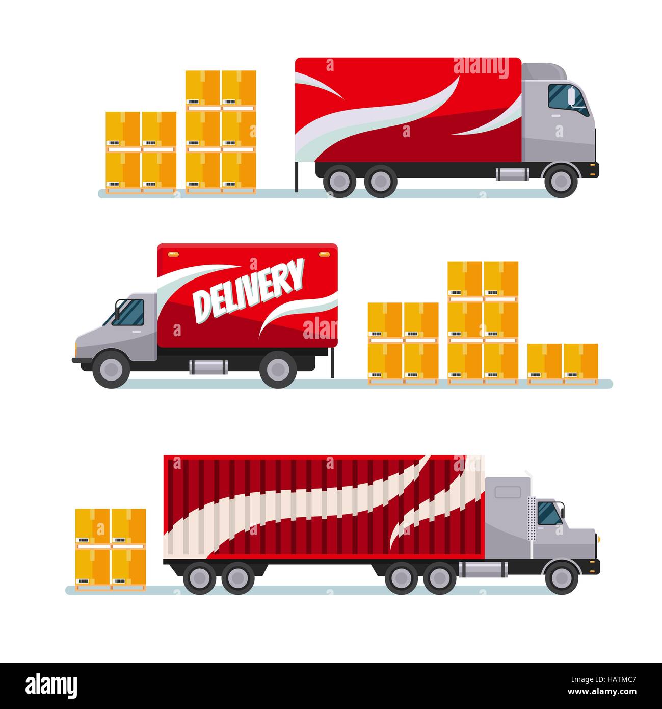 Livraison rapide ensemble camions rouges avec boîtes à colis Illustration de Vecteur