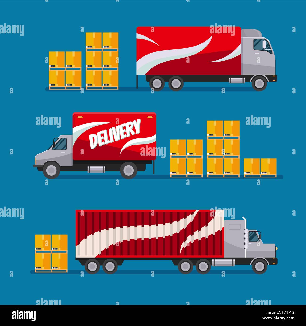 Livraison rapide ensemble camions rouges avec boîtes à colis Illustration de Vecteur