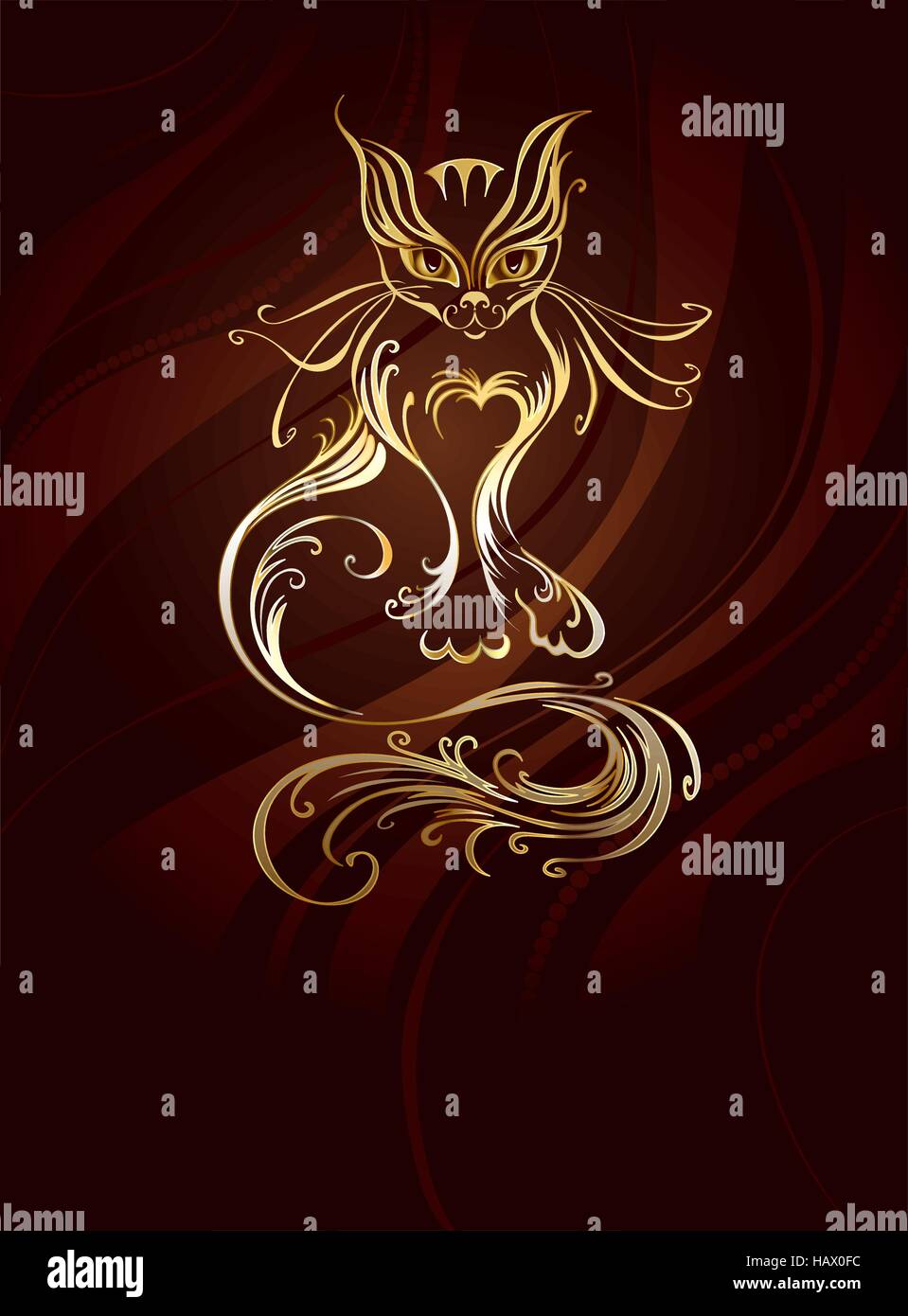 Artistiquement peints avec de l'or chat avec une longue queue, sur un fond marron, rayé. Illustration de Vecteur