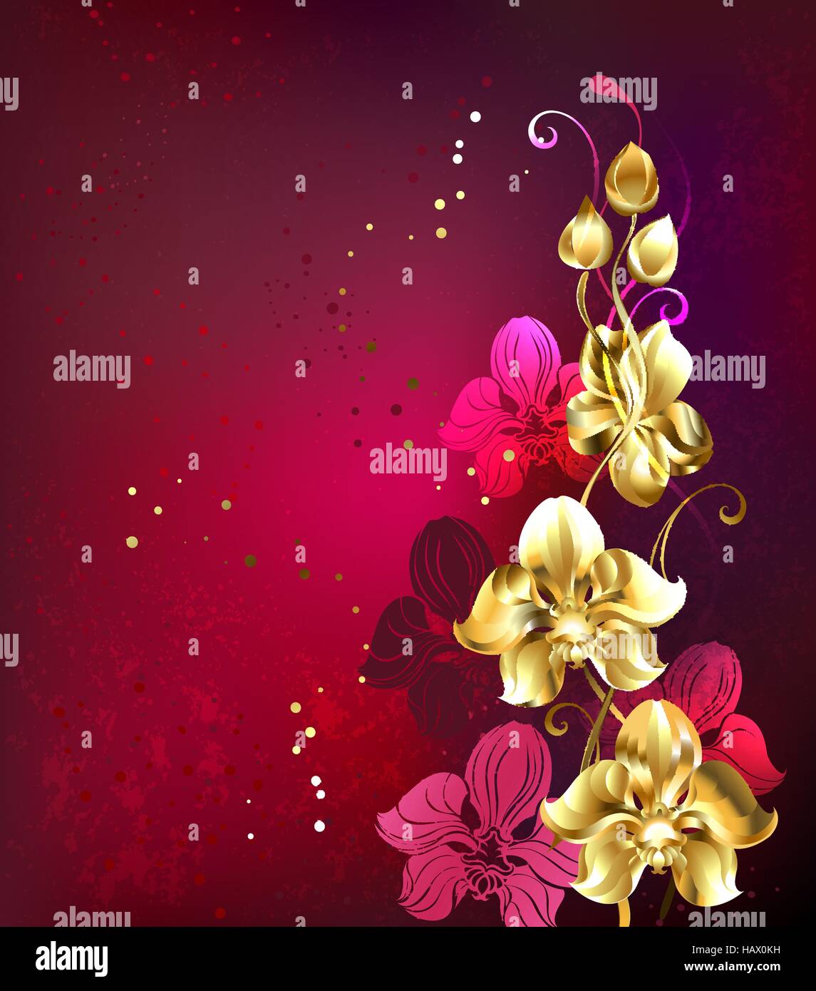 Branche d'orchidée dorée sur fond de texture rouge Illustration de Vecteur