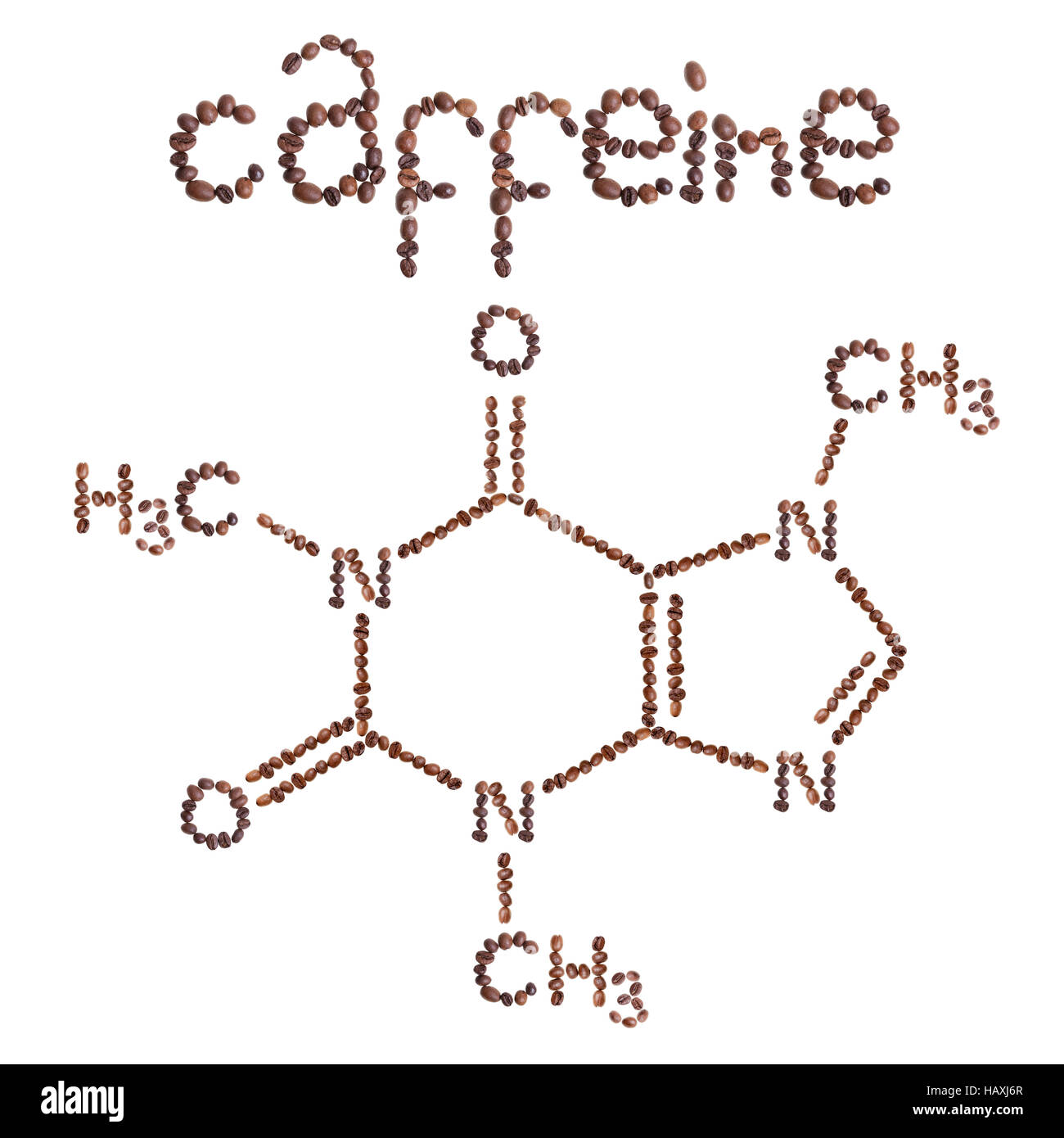 La caféine molécule chimique de la structure. La formule de structure de la caféine avec café en grains brun foncé. Banque D'Images