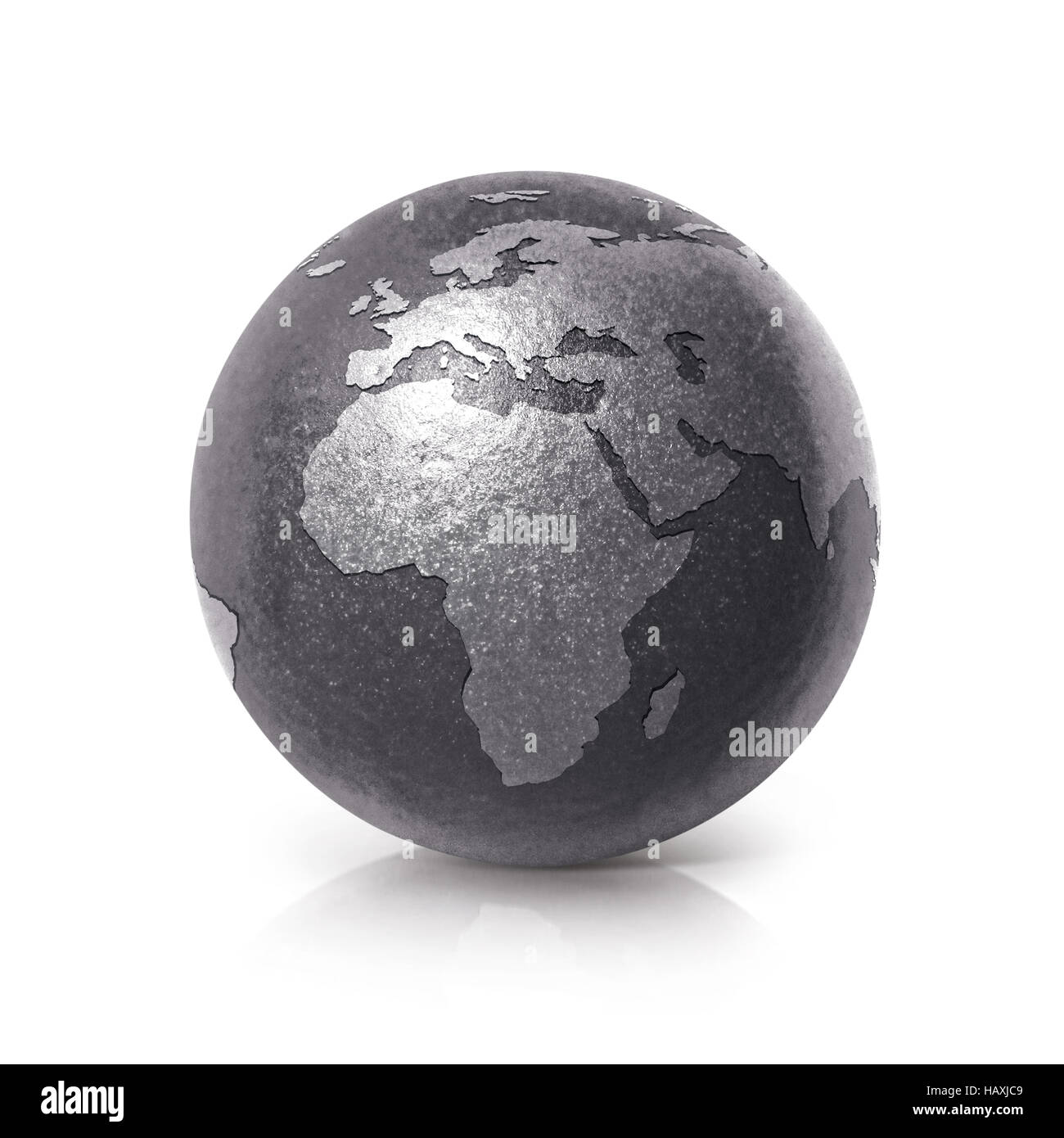 Globe de fer noir illustration 3D'Europe et de l'Afrique carte sur fond blanc Banque D'Images