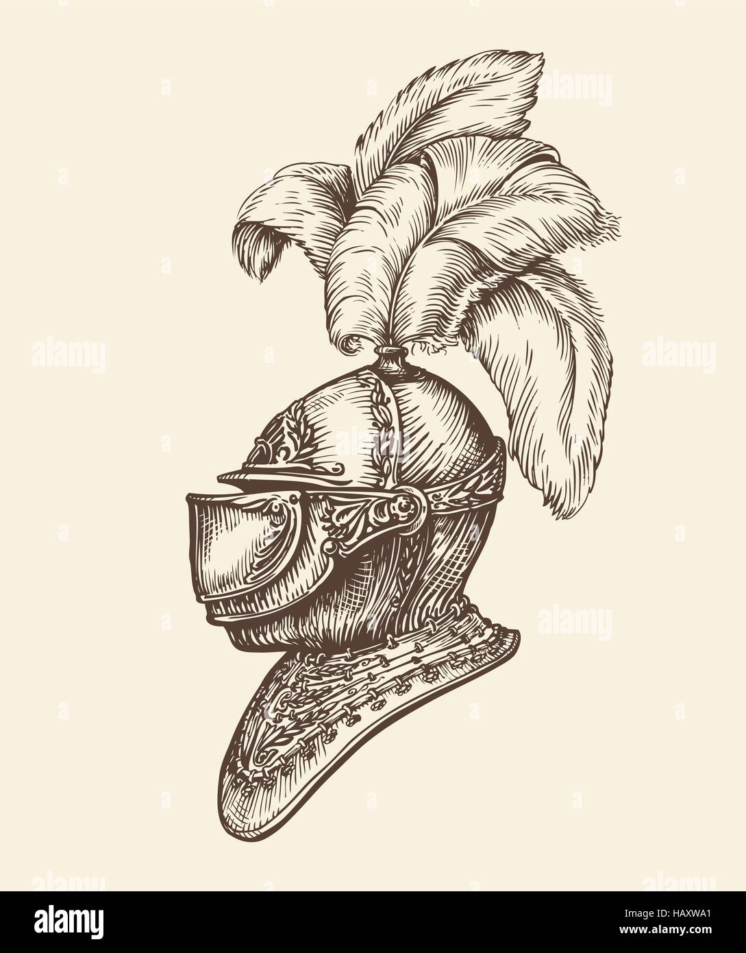 Casque chevalier médiéval. Vintage sketch, vector illustration Illustration de Vecteur