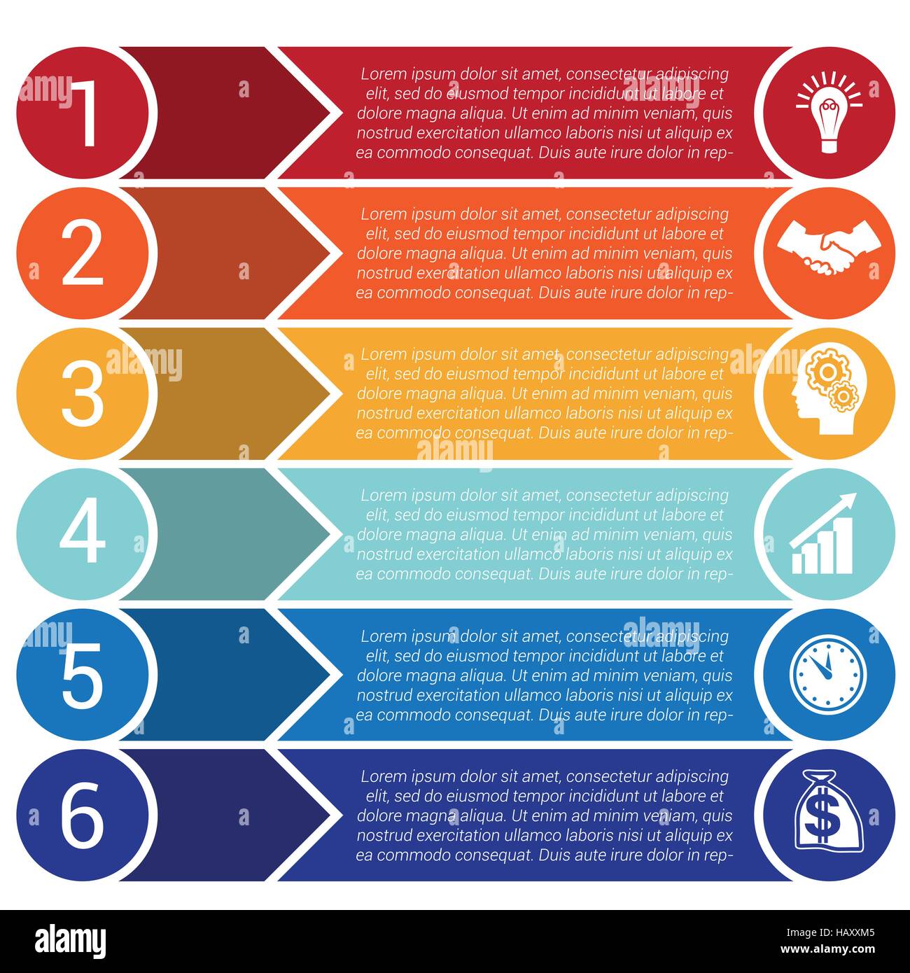 Des cercles, des flèches colorées et bandes horizontales, bars, infochart présentation areachart ou modèles pour 6 positions infographie Illustration de Vecteur