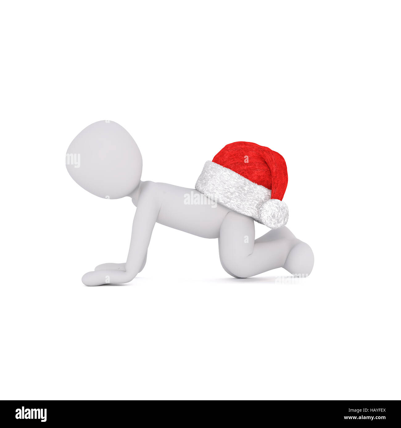 3d man avec un chapeau de Père Noël Noël rouge vif en équilibre sur sa partie inférieure en rampant,rendus illustration on white Banque D'Images