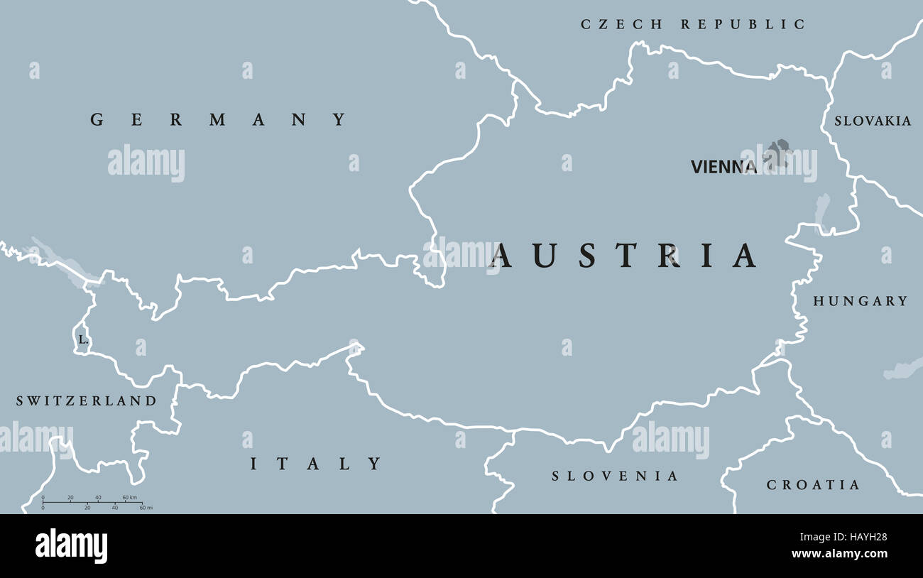 Carte politique de l'Autriche avec Vienne, capitale des frontières nationales et les pays voisins. République fédérale dans le cœur de l'Europe. Banque D'Images