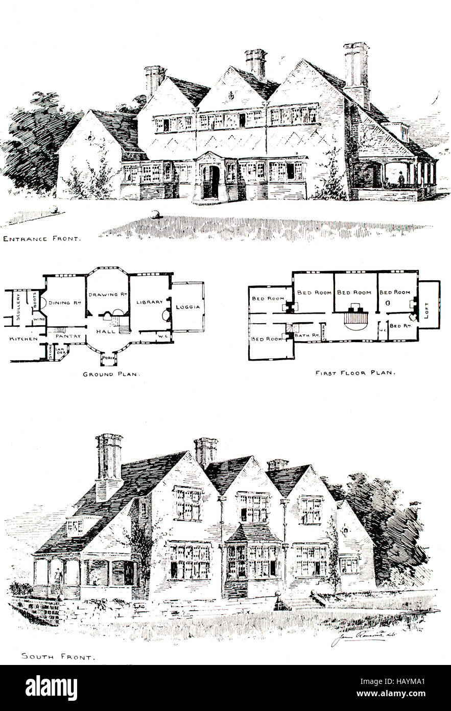 Sigglesthorne, Marlborough, Wiltshire, élévations et le plan de l'architecte James Ransome, illustration de la ligne de 1911 Studio Magazi Banque D'Images