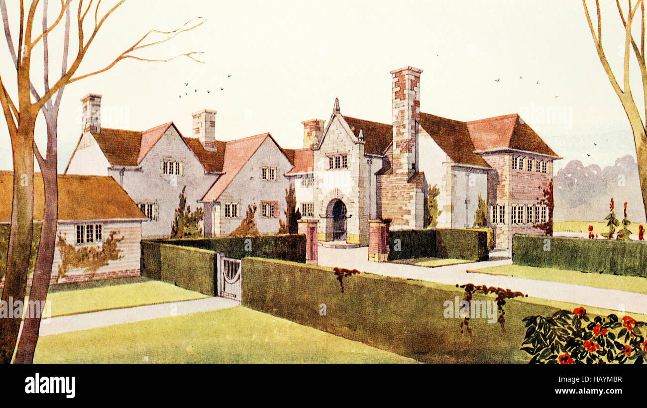 Maison à Dorchester, Dorset, par l'architecte P Morley Horder, demi-teinte couleur illustration architecturale de 1911 Studio Magazine Banque D'Images