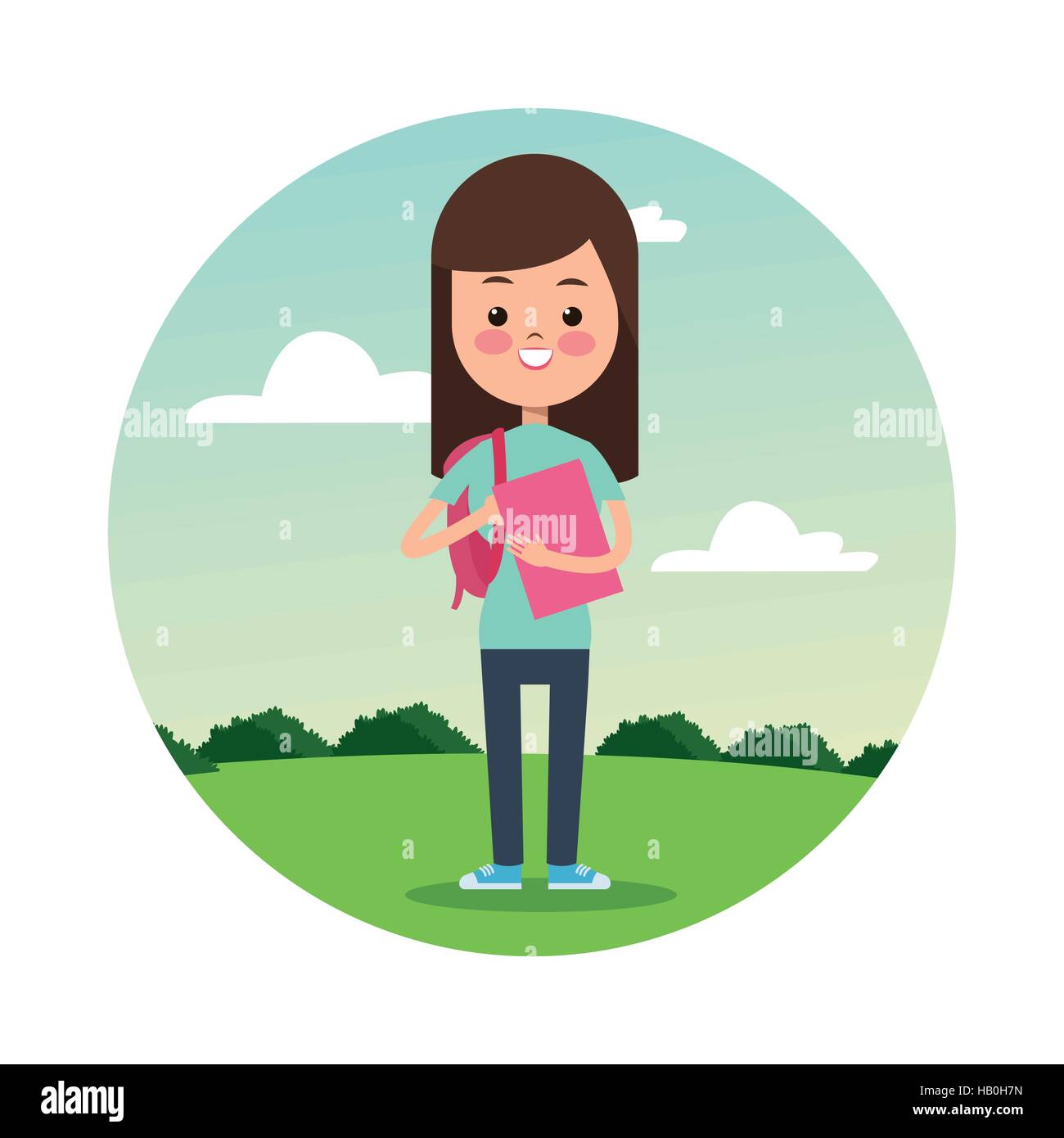 Retour École fille brunette fond paysage étudiant Illustration de Vecteur