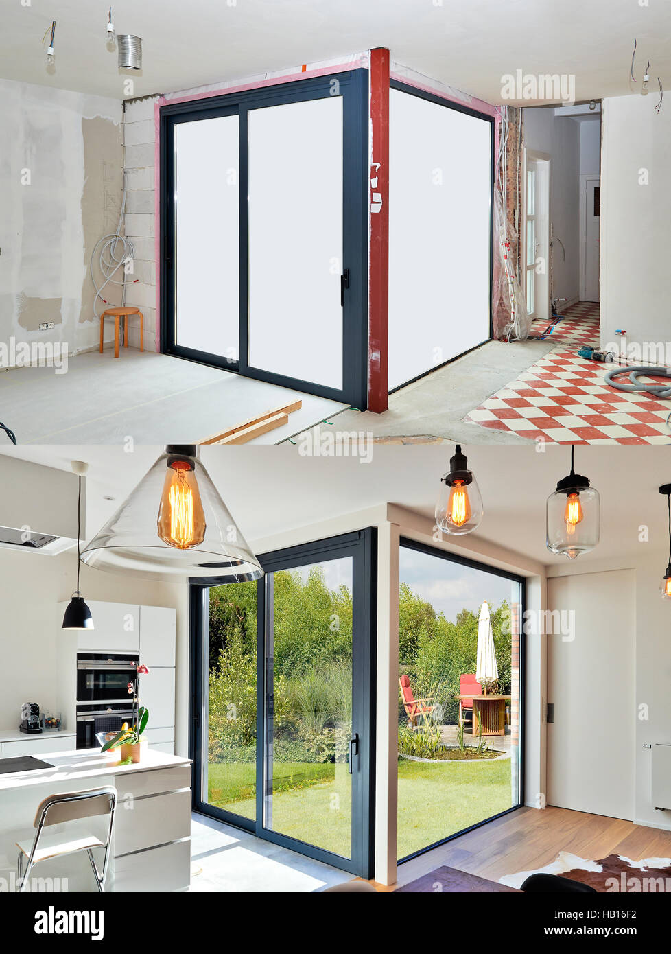 Rénovation d'une cuisine de luxe moderne avec porte coulissante avant et  après Photo Stock - Alamy