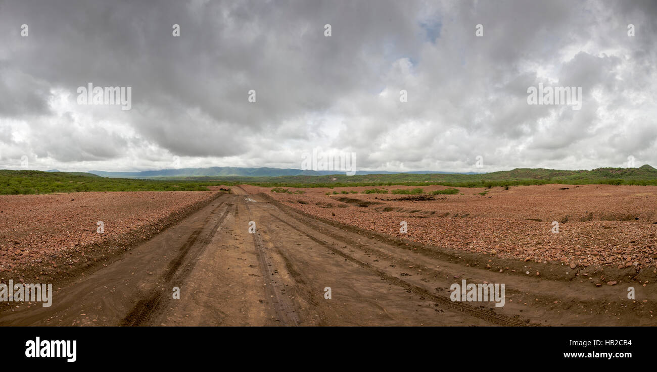 Route de terre avec ciel menaçant et le zèbre des montagnes, la Namibie Banque D'Images