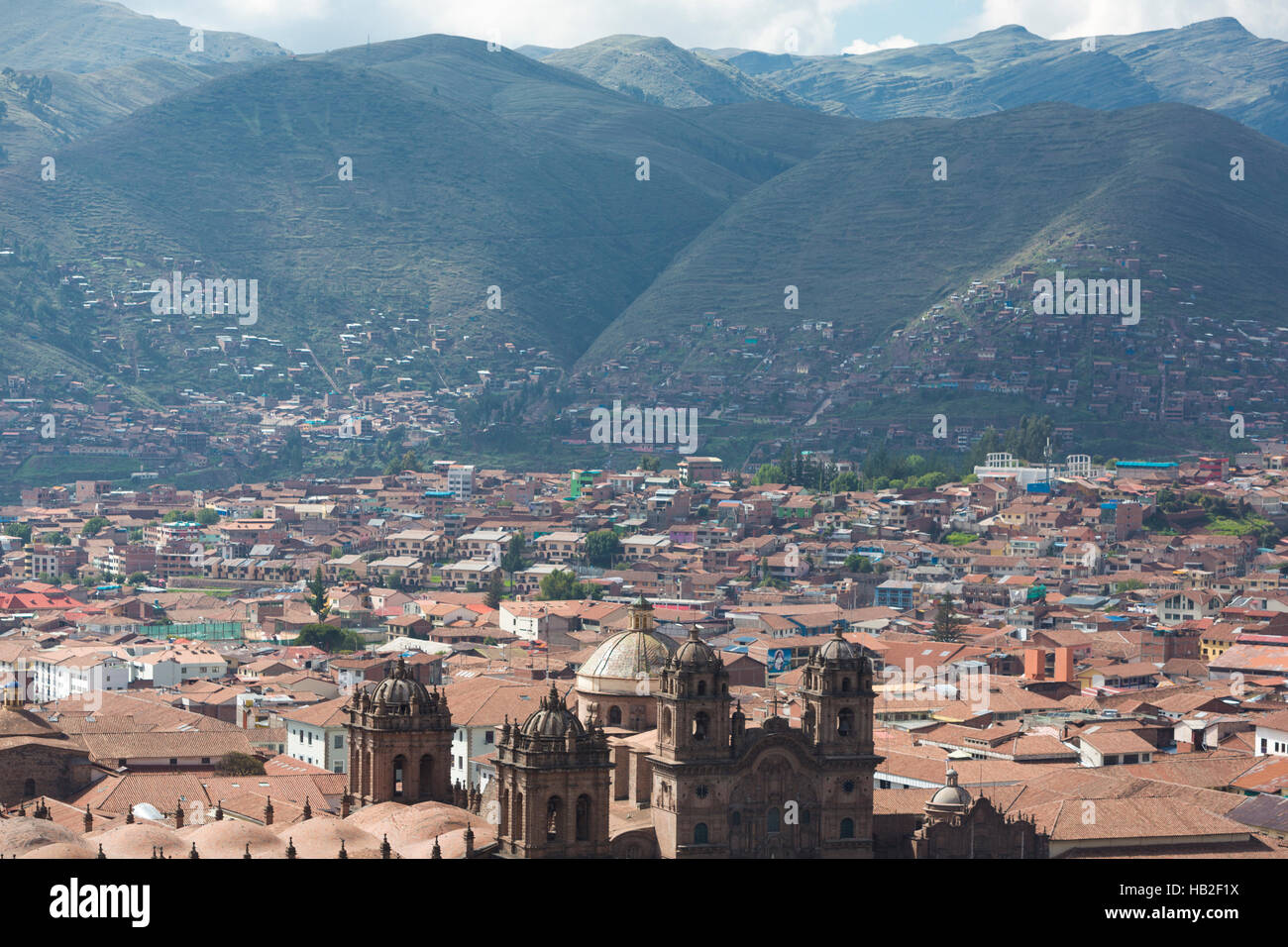 Vue aérienne de la ville de Cusco et de la Plaza de Armas, Pérou Banque D'Images