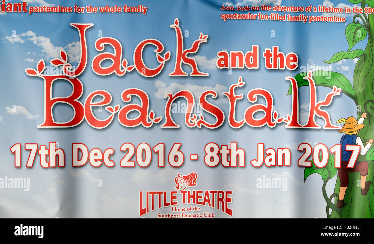 Jack et le haricot magique, Pantomime signe à la Little Theatre, Southport, Royaume-Uni Banque D'Images