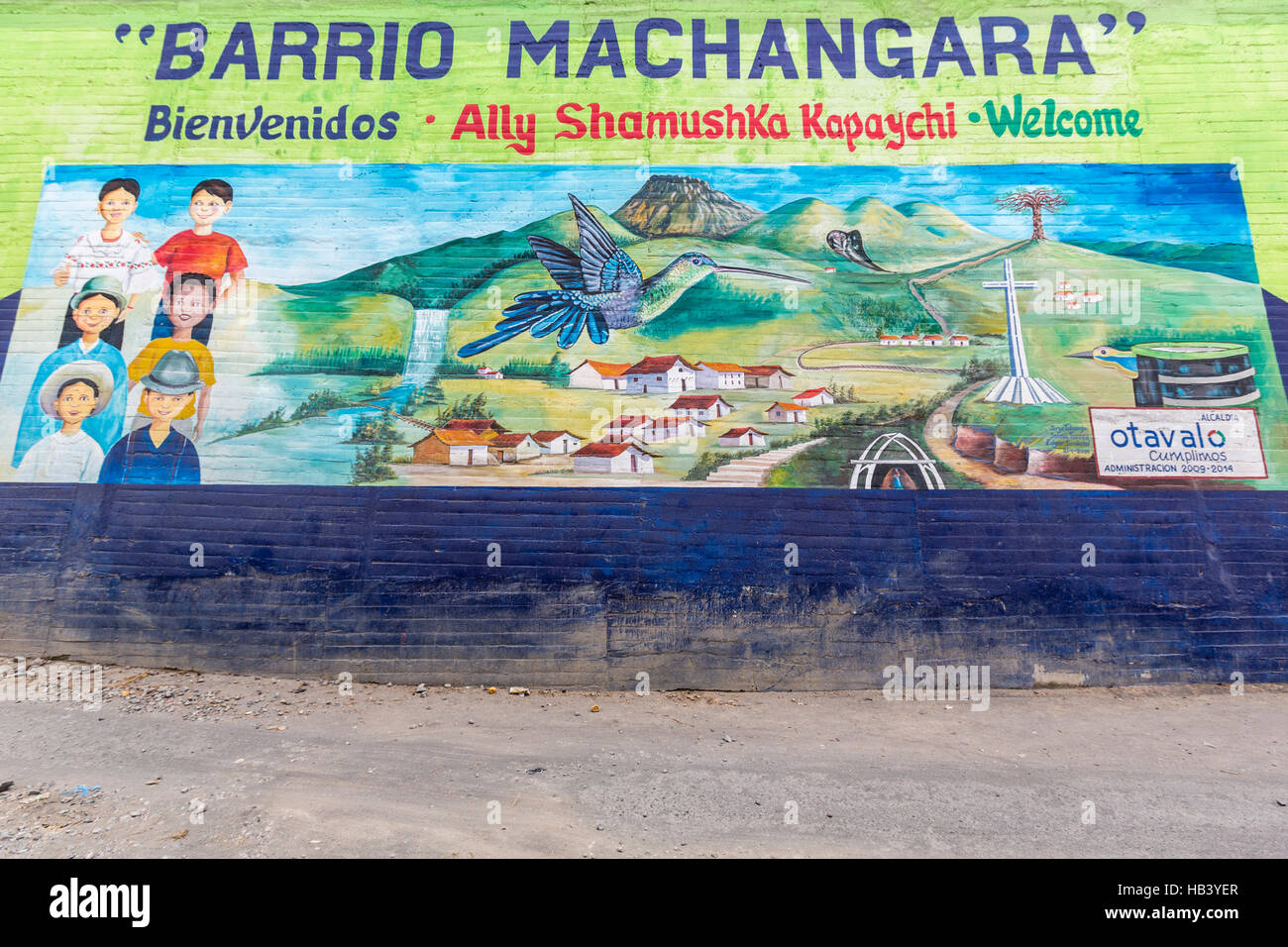 Bienvenue illustration peinte sur mur à Otavalo, Equateur Banque D'Images