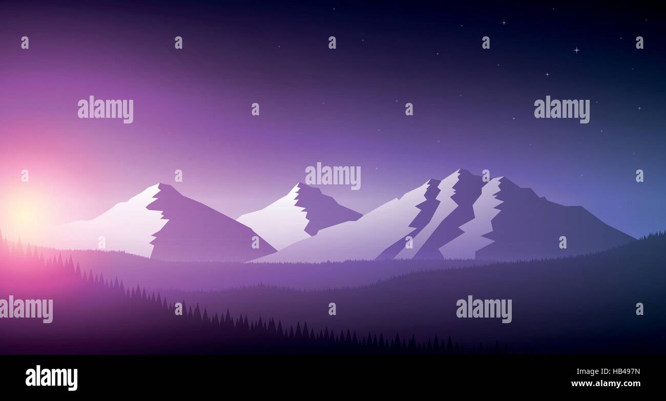 Lever du soleil dans la chaîne de montagne et forêt. Vector illustration paysage. Les éléments sont séparément en couches en fichier vectoriel. Illustration de Vecteur