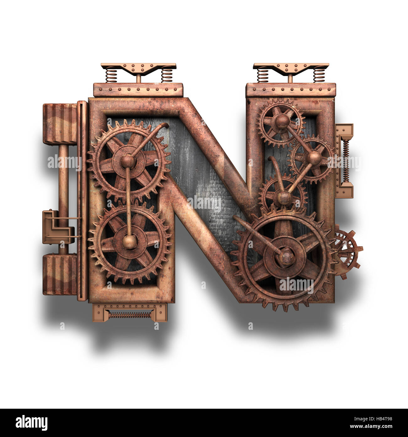 Lettre avec engrenages rouillés n on white Banque D'Images