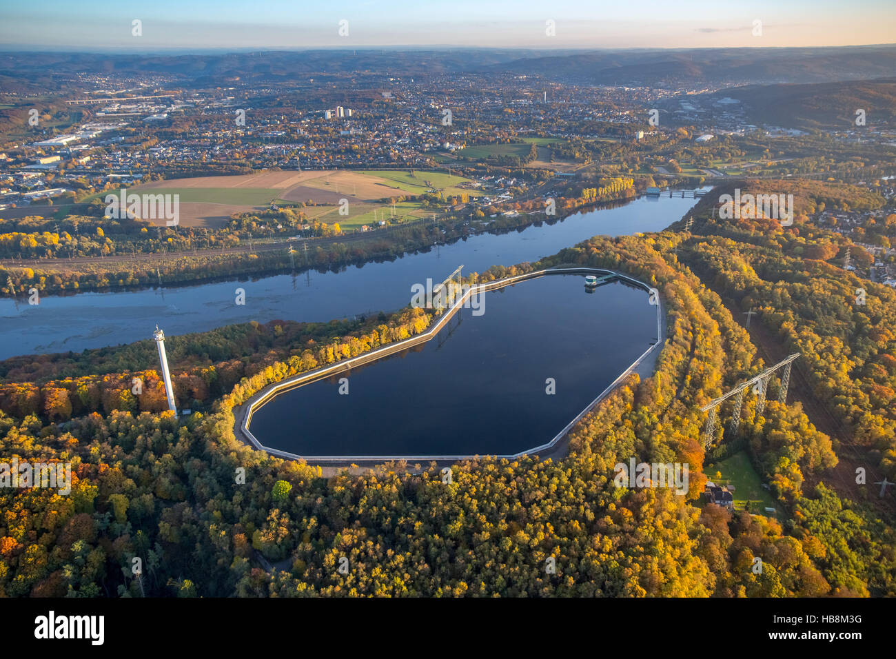 L'image aérienne, Koepchenwerk réservoir de pompage barrage plus waterpowerplant Hengsteysee, Lac, Herdecke, Ruhr, Banque D'Images
