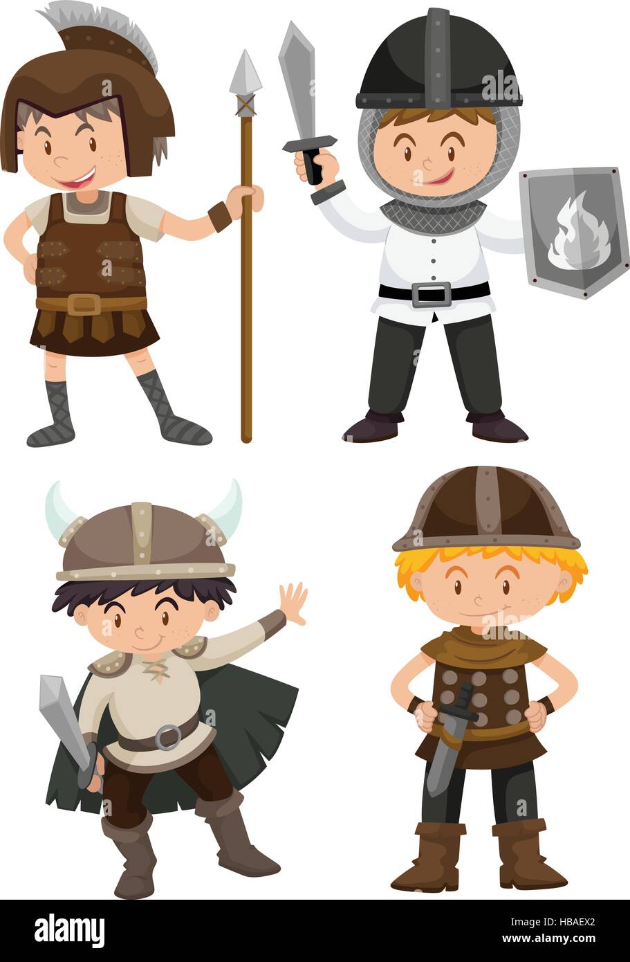 Quatre enfants en costume guerrier illustration Illustration de Vecteur