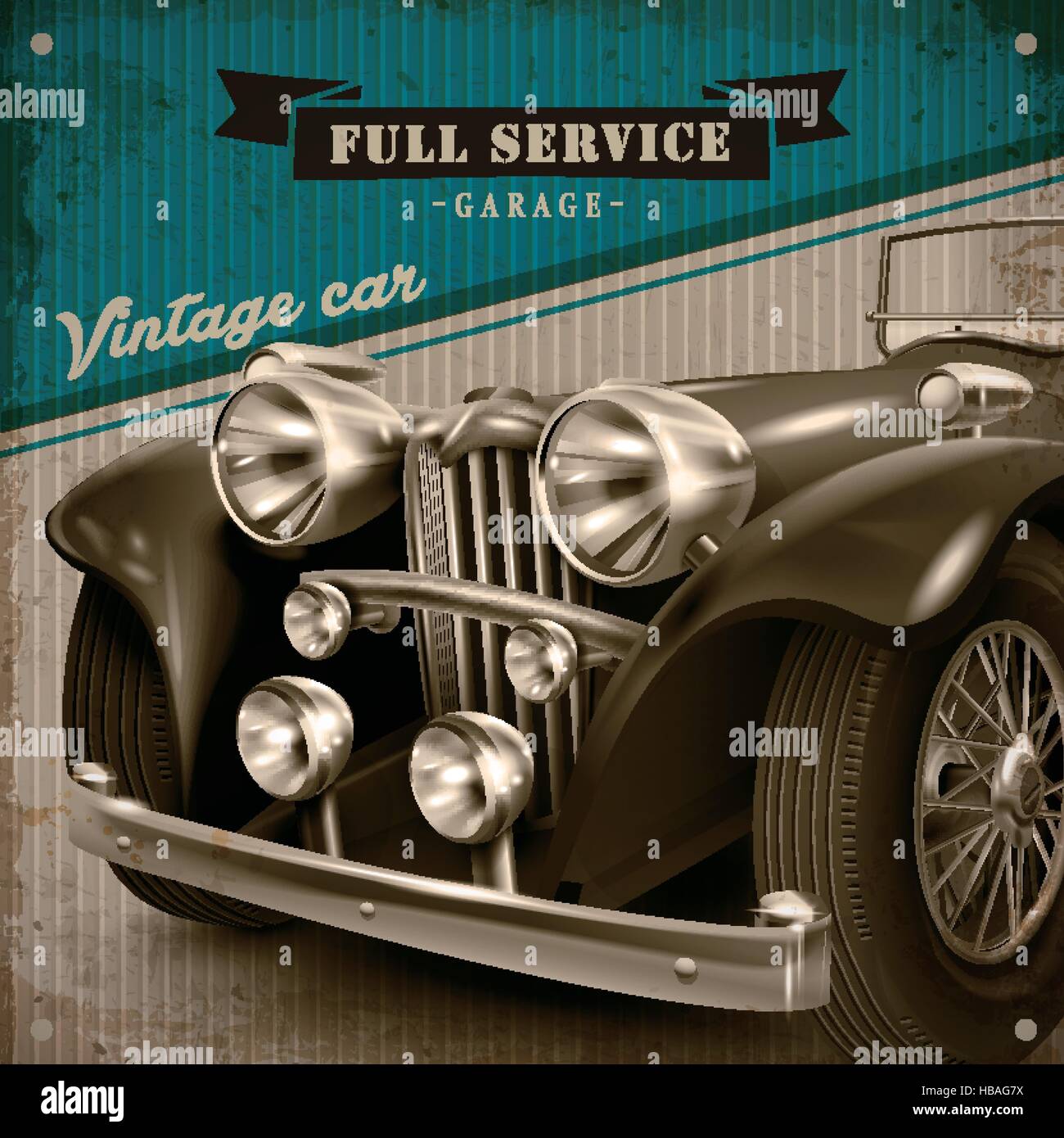 Affiche publicitaire ancienne avec une belle voiture rétro Illustration de Vecteur