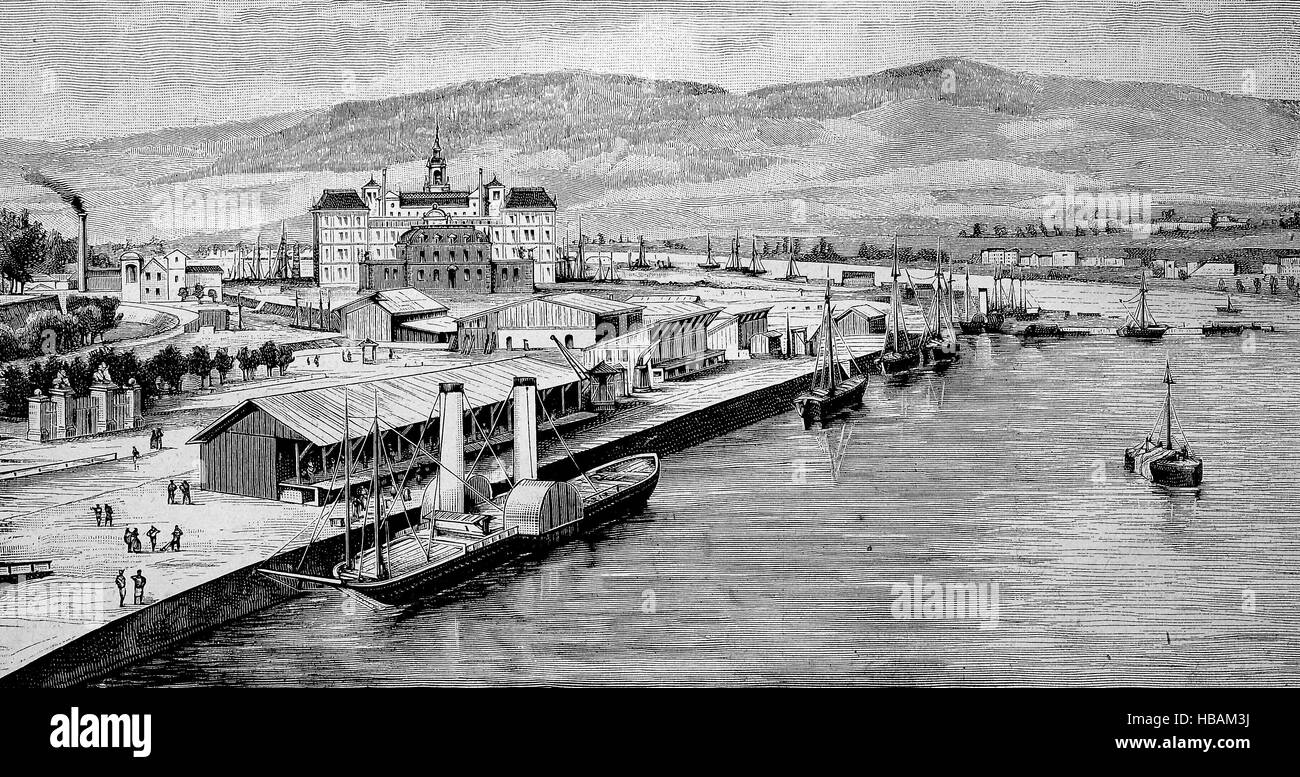 Port de Mayence, ou Mainzer Hafen en allemand, est le port de Mainz, Allemagne, hictorical illustration de 1880 Banque D'Images