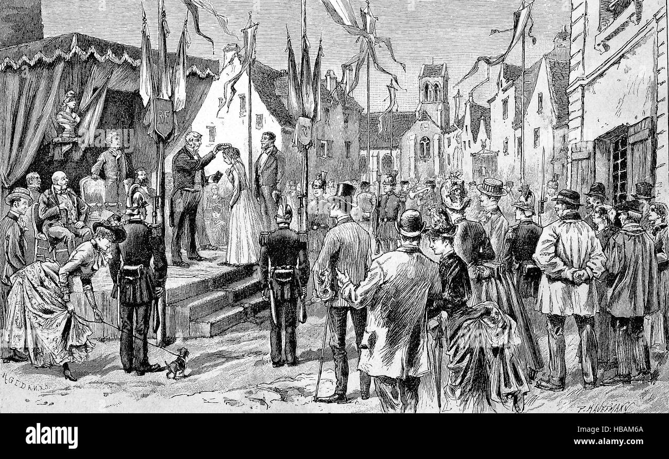 Couronnement d'une rose fille lors d'un festival de la ville de Nanterre, France, illustration de 1880 hictorical Banque D'Images