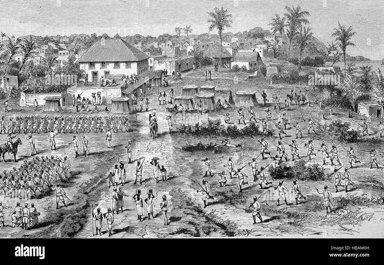 Avis de Bagamoyo, la première capitale de la Tanzanie, en tant que le siège allemand de l'Afrique orientale allemande entre 1886-1891, hictorical illustration de 1880 Banque D'Images