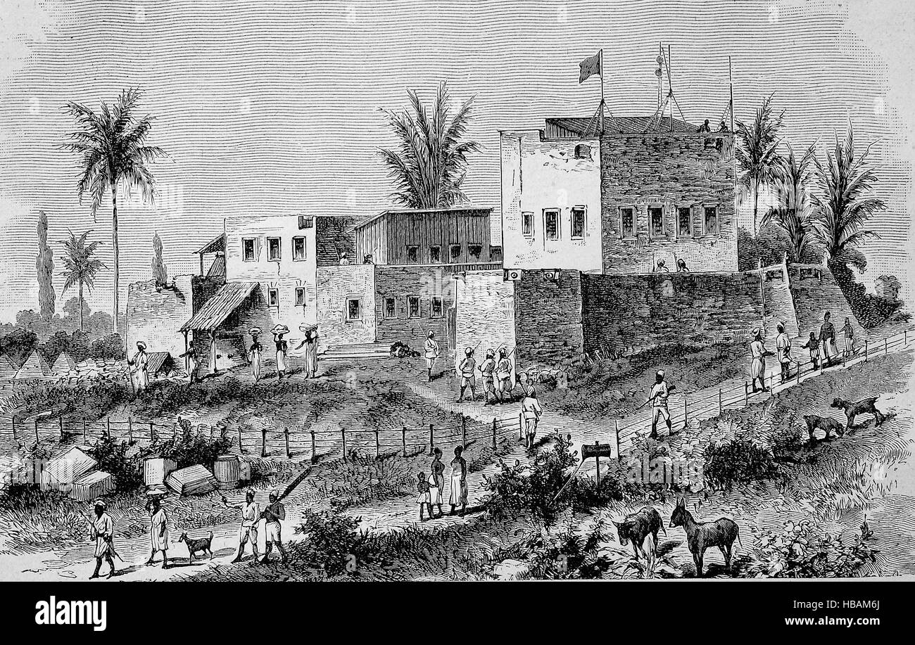 Avis de Bagamoyo, la première capitale de la Tanzanie, en tant que le siège allemand de l'Afrique orientale allemande entre 1886-1891, hictorical illustration de 1880 Banque D'Images