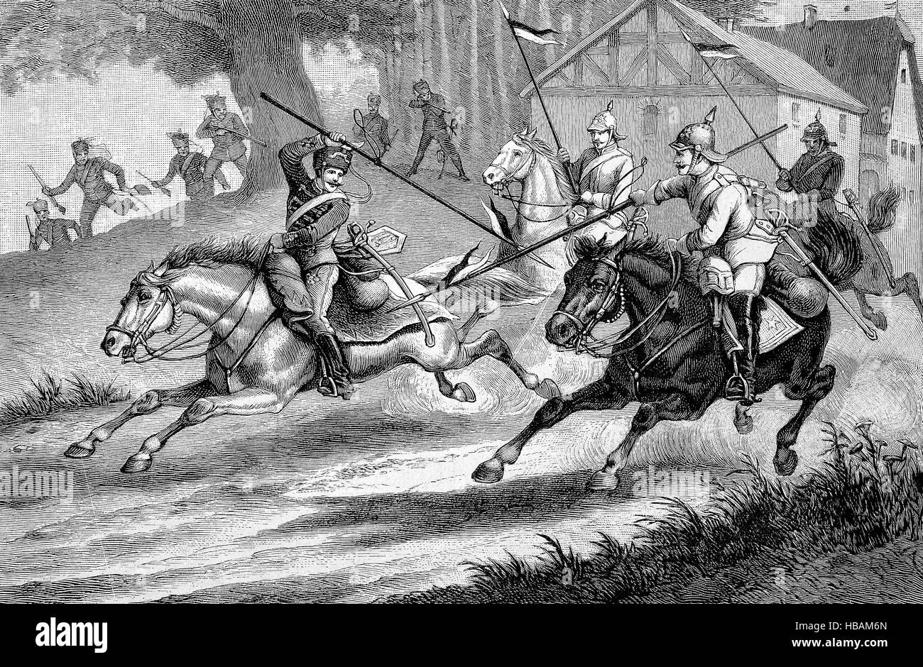 Hussards Prussiens armés de lance et cuirassiers, illustration de 1880 hictorical Banque D'Images