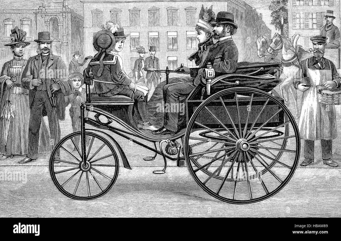 Carl Benz, Benz Patent-Motorwagen Le Nr. de 1888, utilisée par Bertha Benz pour le premier voyage longue distance en voiture, hictorical illustration de 1880 Banque D'Images
