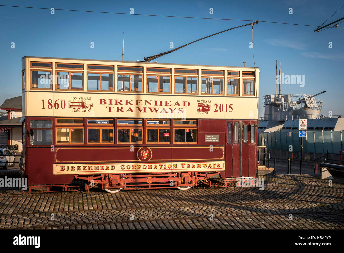 Tramway restauré Birkenhead Corporation à Woodside ferry terminal. Wirral. Le Merseyside. Nord-ouest de l'Angleterre. Banque D'Images