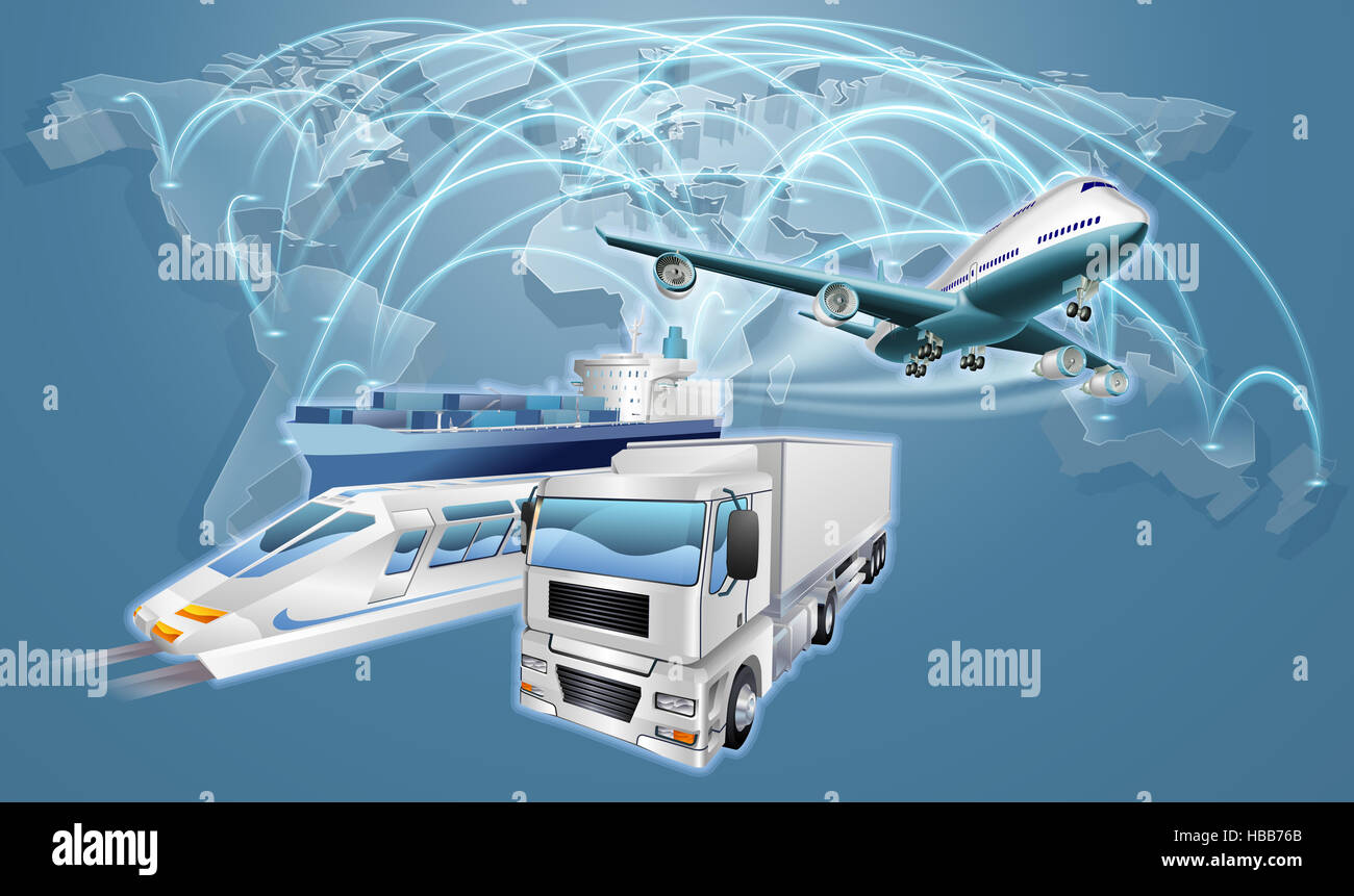 Carte du monde vol contexte logistique concept avec avion, train et camion Banque D'Images