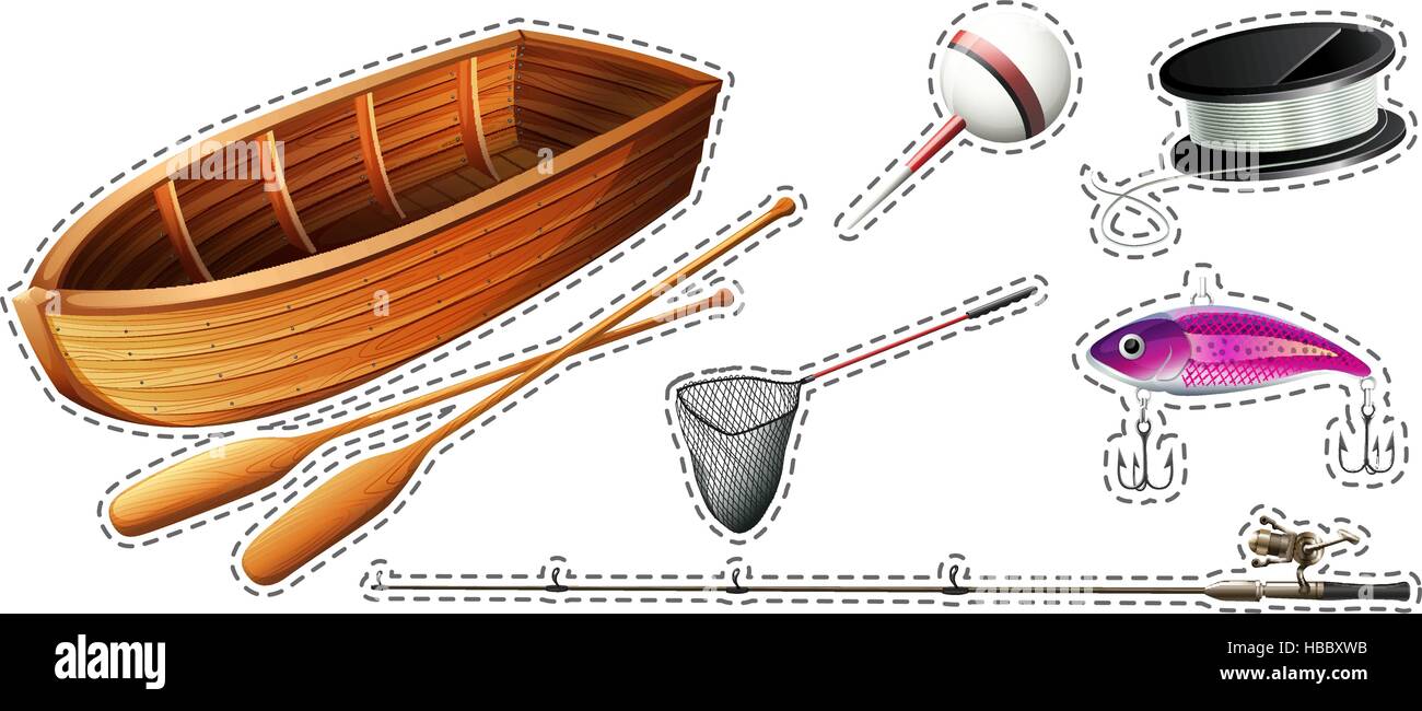Jeu de pêche avec bateau et équipements illustration Illustration de Vecteur