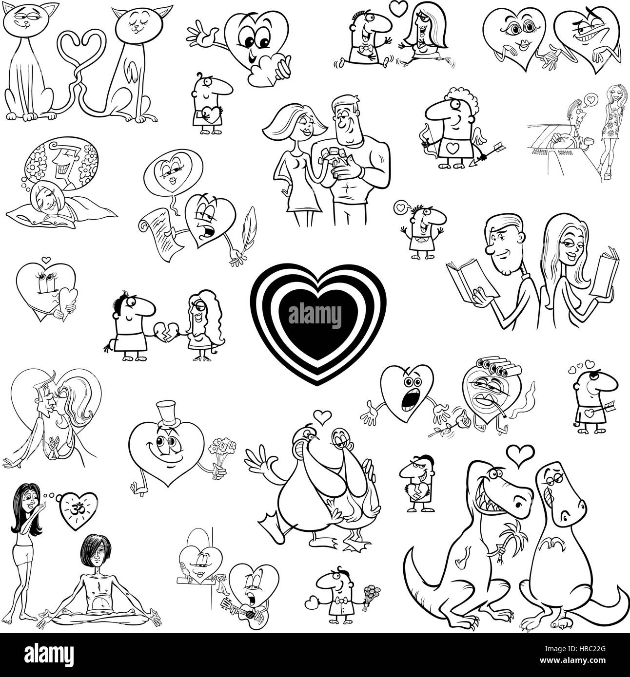 Cartoon noir et blanc Illustration de Valentines Day caractères des éléments de conception et de Clip Art Set Illustration de Vecteur