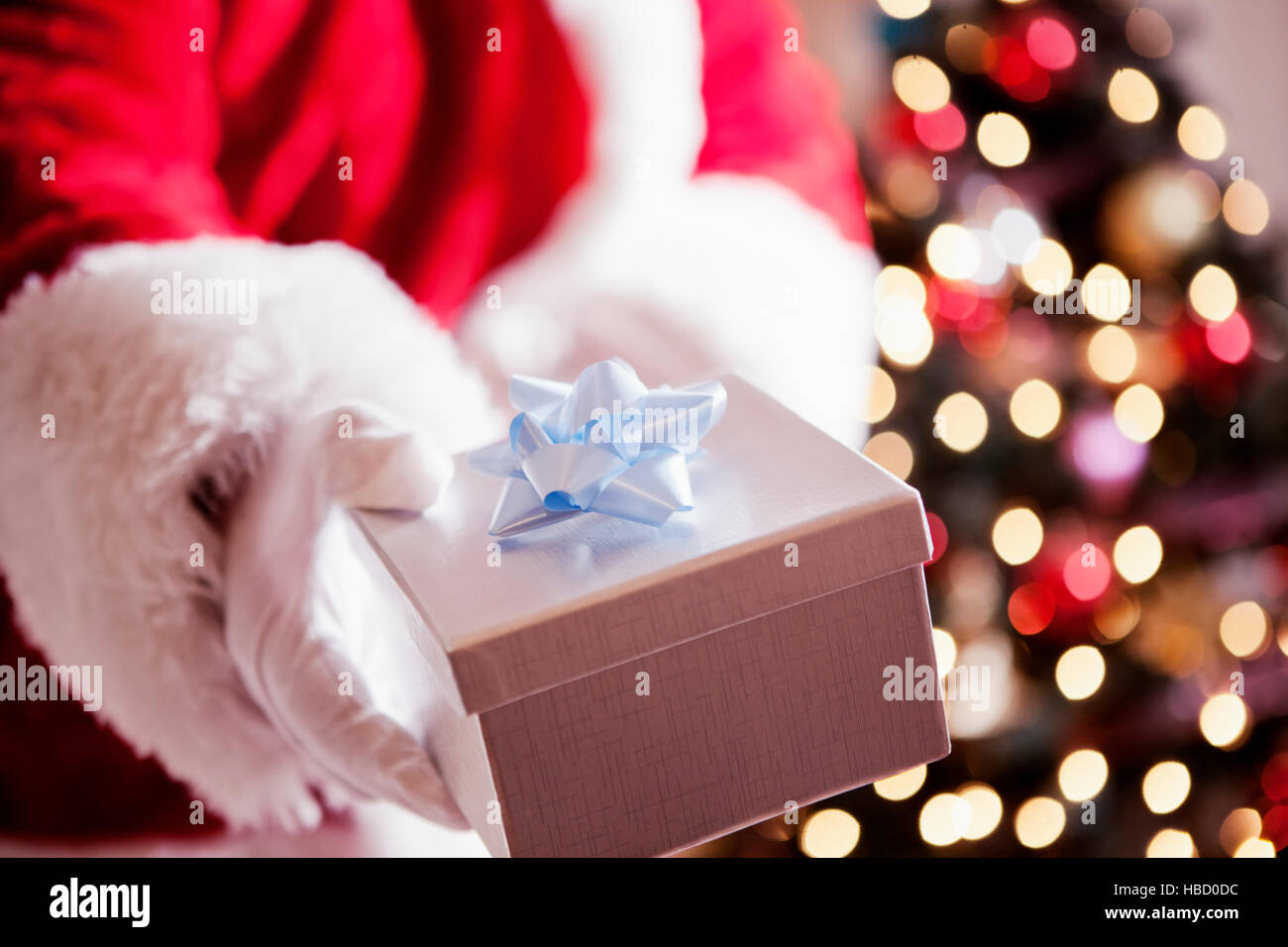 Portrait de l'homme en costume santa holding gift Banque D'Images