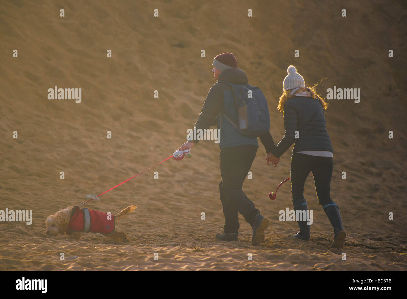 Un couple et leur chien marche sur dog friendly Plage de Fistral in early morning light. Banque D'Images