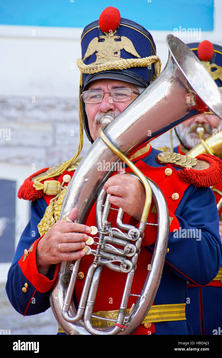 Musicien en uniforme impérial Russe au Palais de Catherine à Saint Pétersbourg, Russie. Banque D'Images