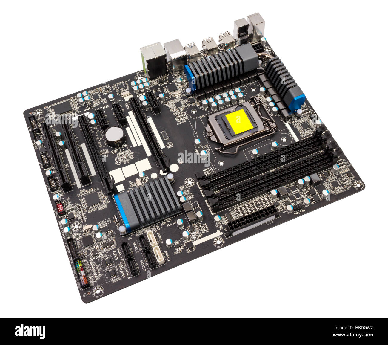 Carte mère ordinateur isolé sur fond blanc sans CPU cooler Banque D'Images