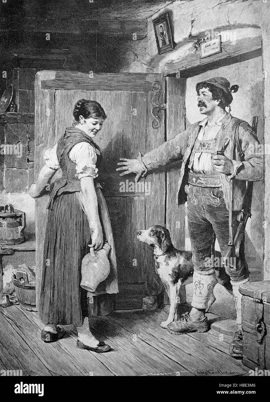 Le chasseur revient à la maison avec un chien et un fusil, et répond à la femme de chambre avec un pot de vin, illustration, gravure sur bois de 1880 Banque D'Images