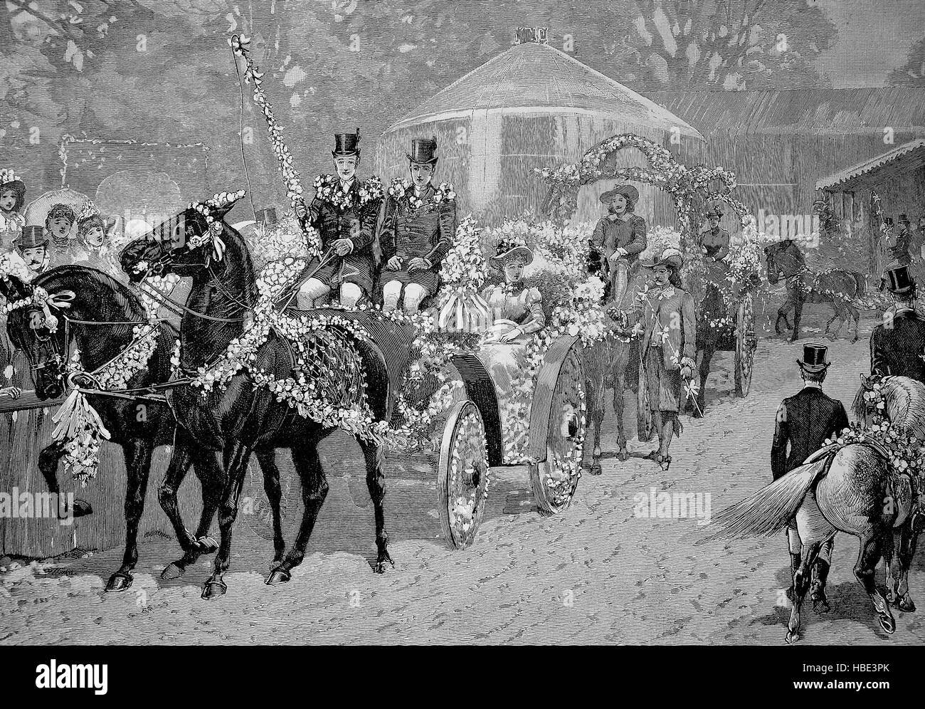Fête des fleurs dans le Regentpark à Londres, chars décorés de fleurs, de l'Angleterre, illustration, gravure sur bois de 1880 Banque D'Images