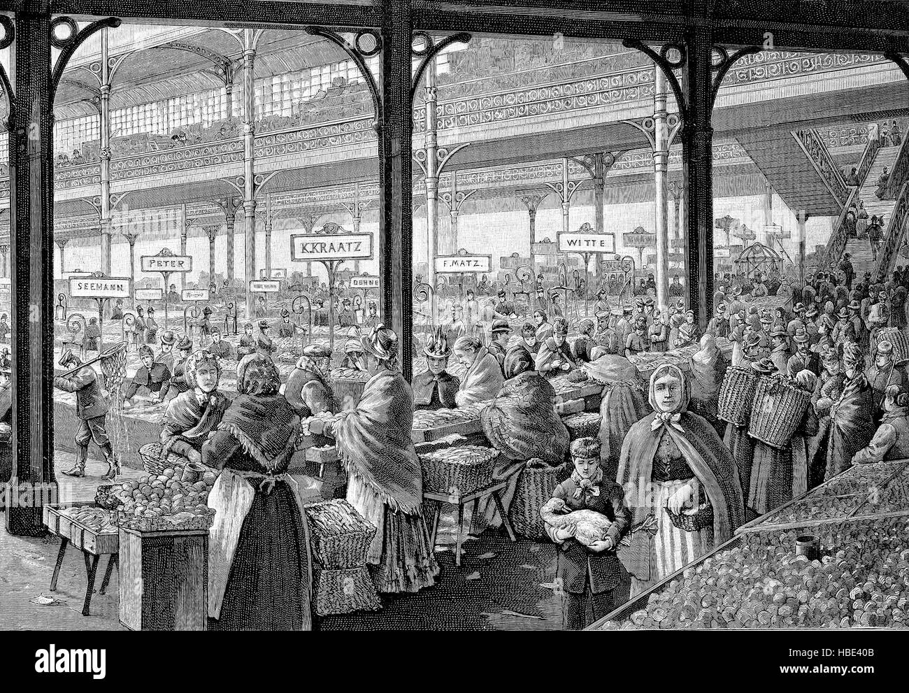 Marché journalier, scène du marché central hall à Alexanderplatz à Berlin, Allemagne, illustration, gravure sur bois de 1880 Banque D'Images